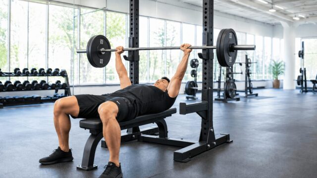 1RM計算ツールの記事イメージ。ベンチプレスで高重量を挙げる男性