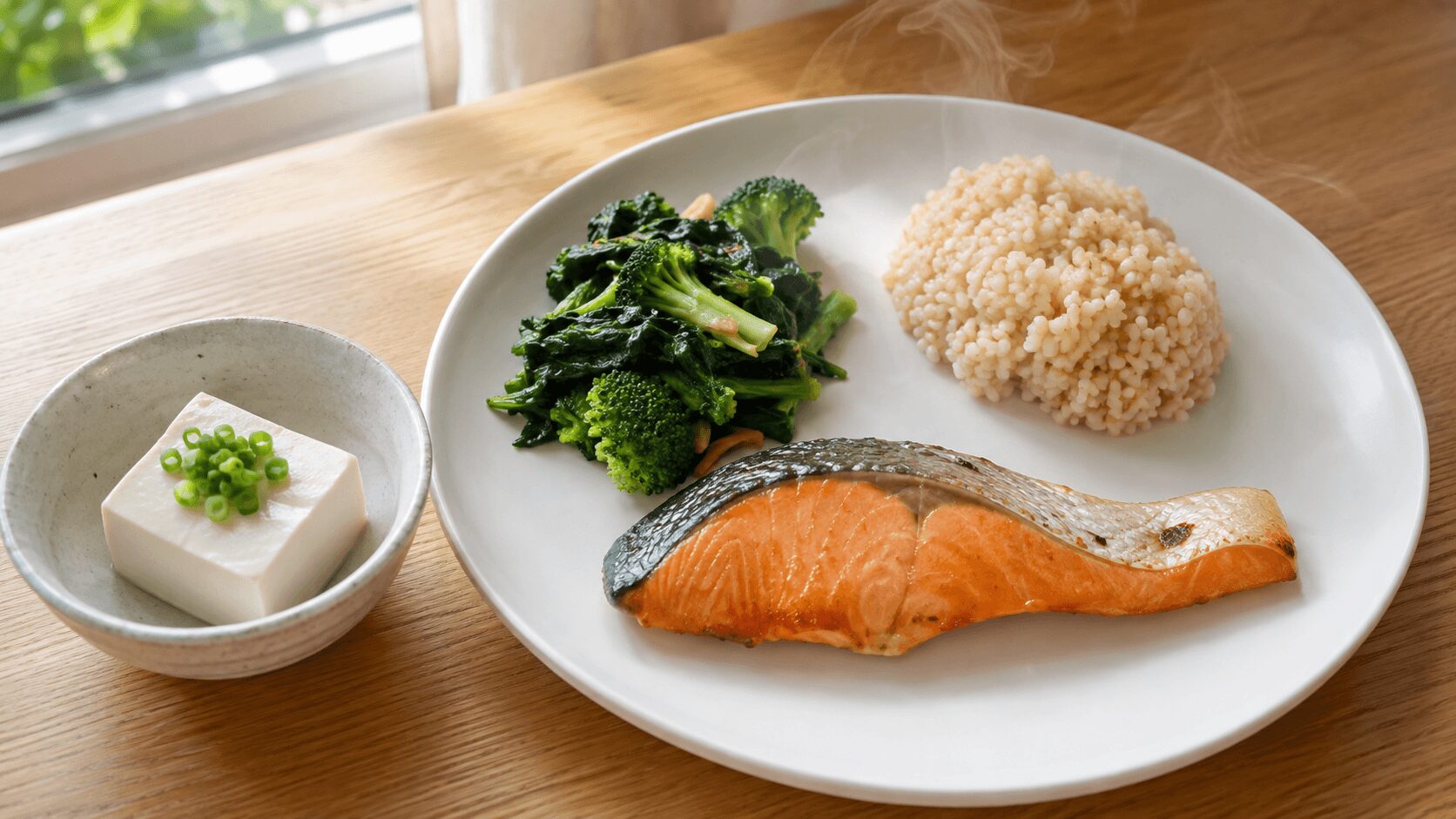 PFCのバランスを意識して盛り付けた高タンパクな一食分の定食