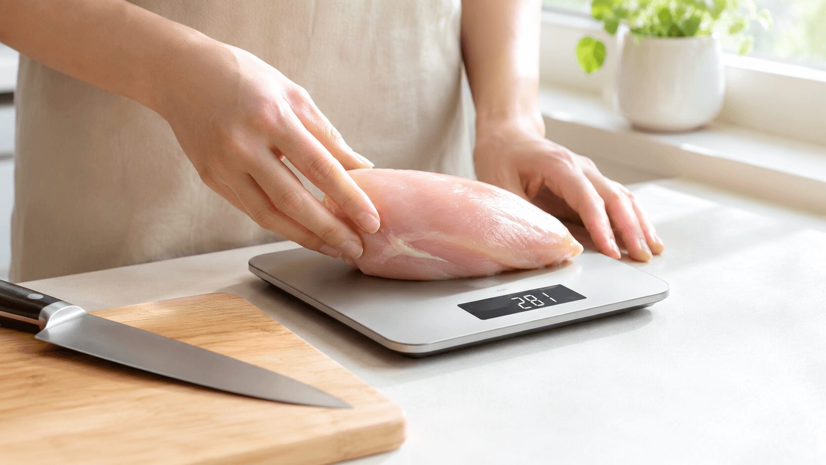 必要なタンパク質量を把握するためにキッチンスケールで鶏むね肉を計量する手元