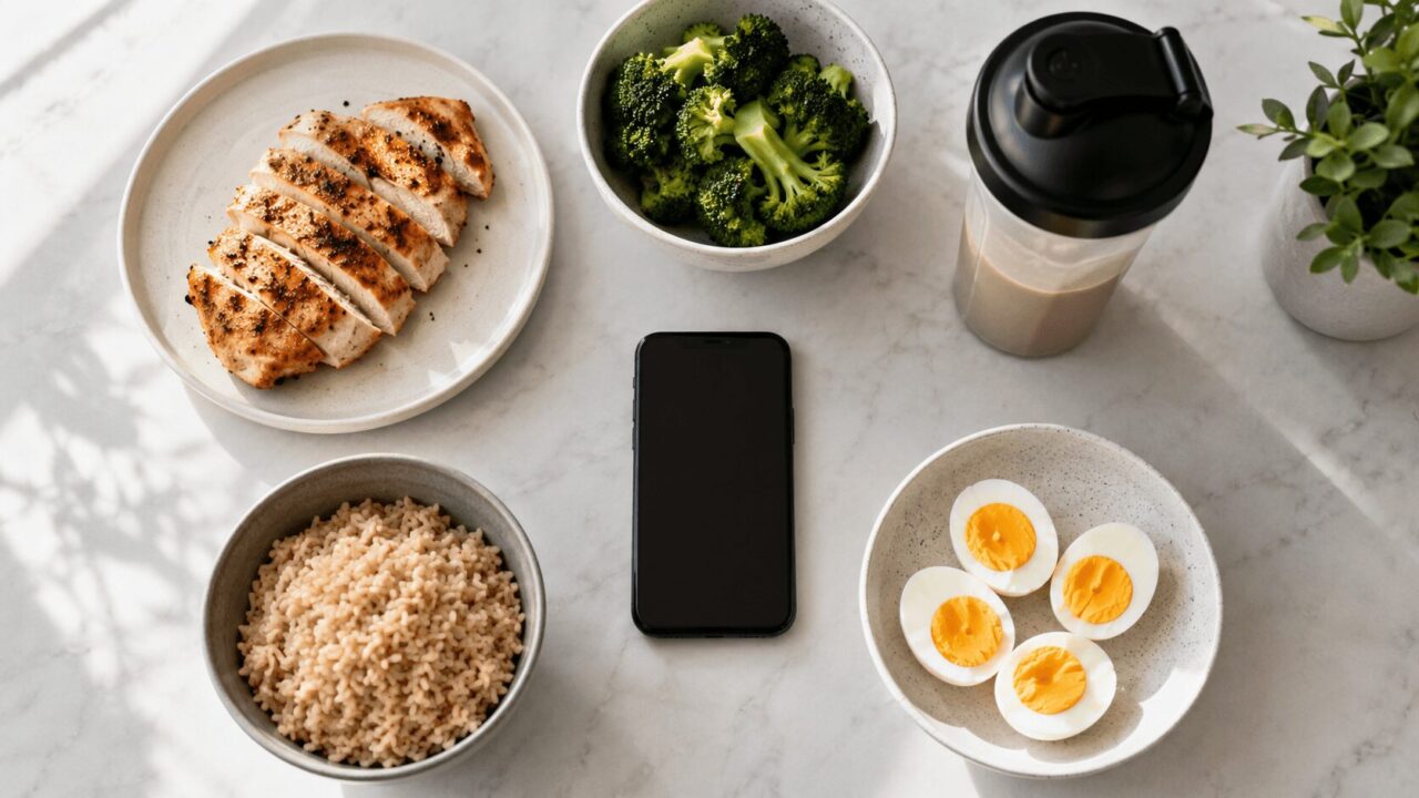 PFC計算に使う高タンパク食材とスマートフォンを並べたテーブルの俯瞰写真