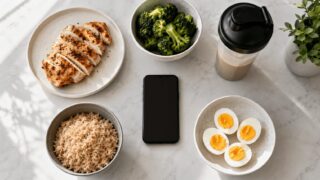 PFC計算に使う高タンパク食材とスマートフォンを並べたテーブルの俯瞰写真