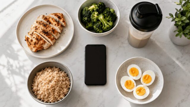 PFC計算に使う高タンパク食材とスマートフォンを並べたテーブルの俯瞰写真
