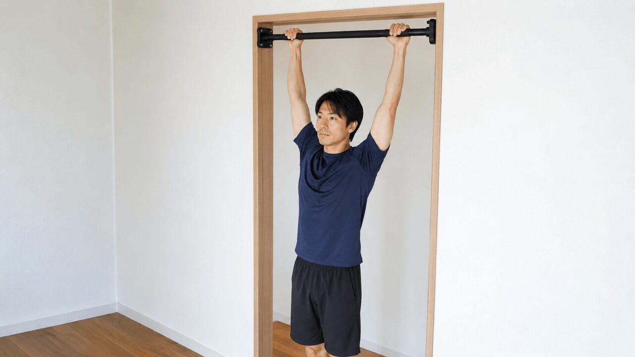 自宅のドア枠に取り付けた懸垂バーにぶら下がる男性