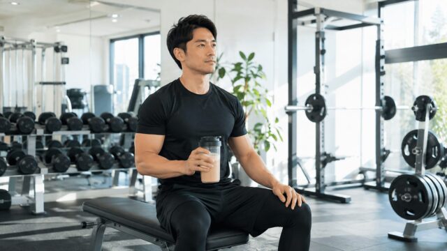 ザバスのプロテインの選び方が決まり1杯を手にしたトレーニング後の男性