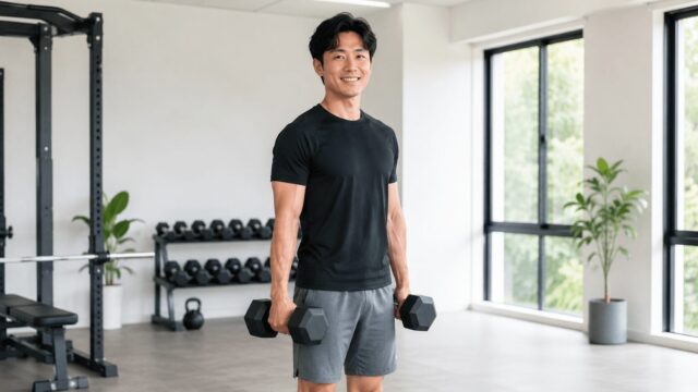 明るいジムで笑顔でダンベルを持つ30代男性