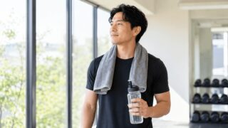 トレーニングを終えて表情が晴れやかになった30代男性、筋トレのメンタル効果を表すイメージ