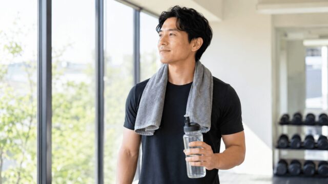 トレーニングを終えて表情が晴れやかになった30代男性、筋トレのメンタル効果を表すイメージ