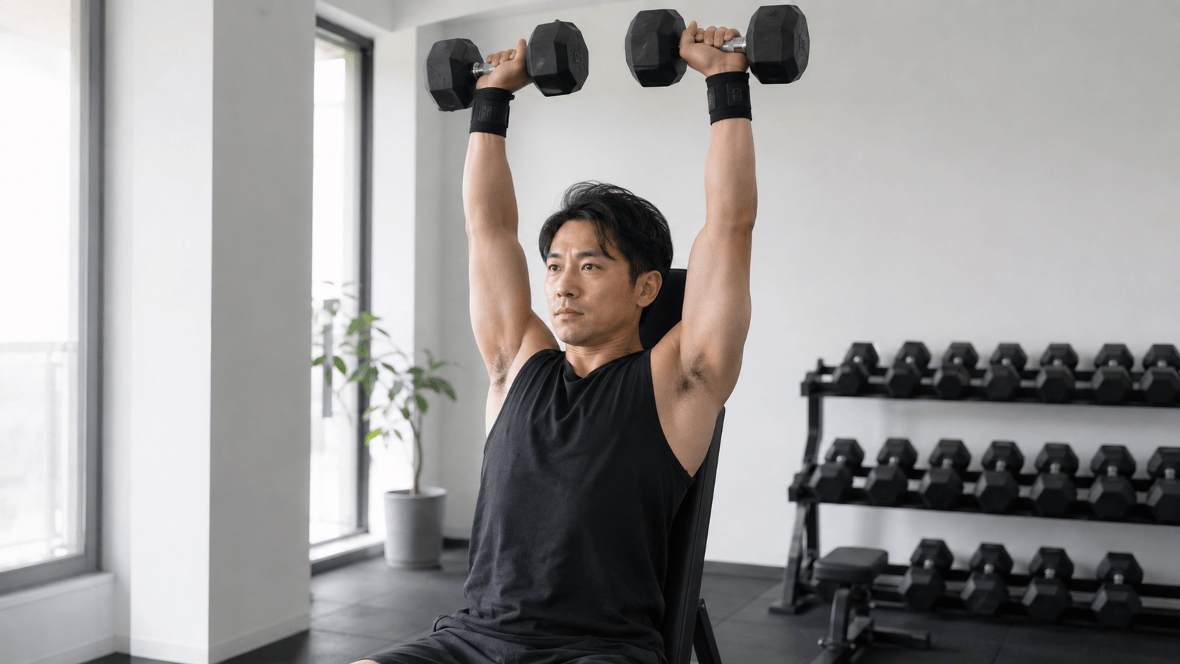 両手首にリストラップを巻いてベンチに座りダンベルショルダープレスを行う男性