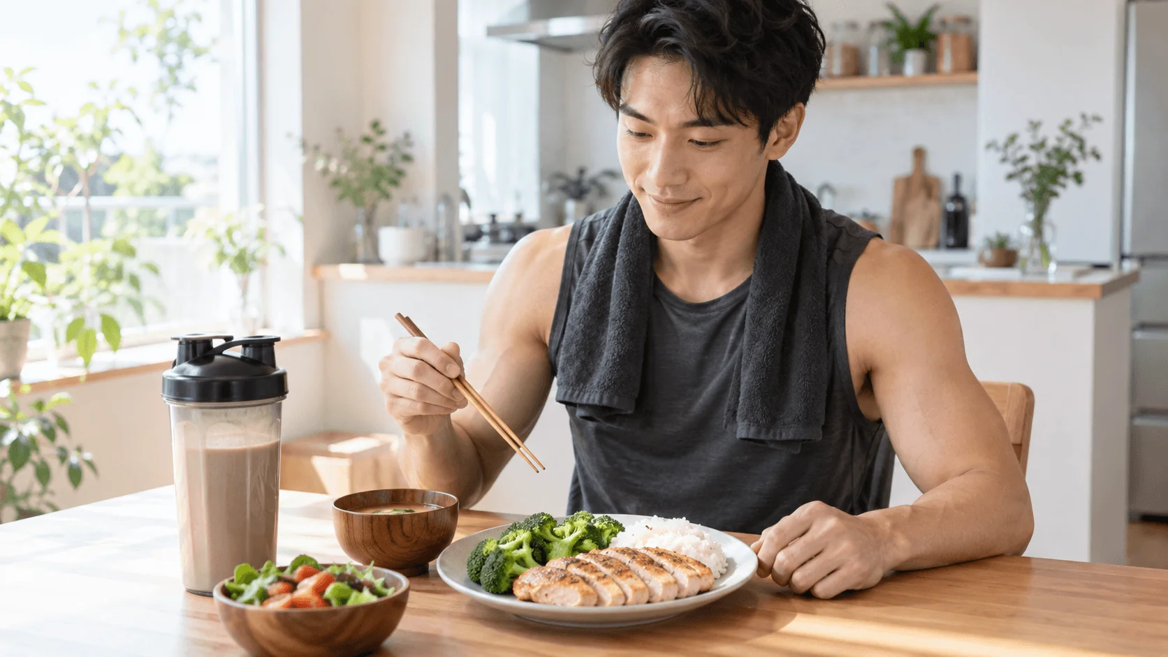 トレーニング後に食事とプロテインで回復を図る男性