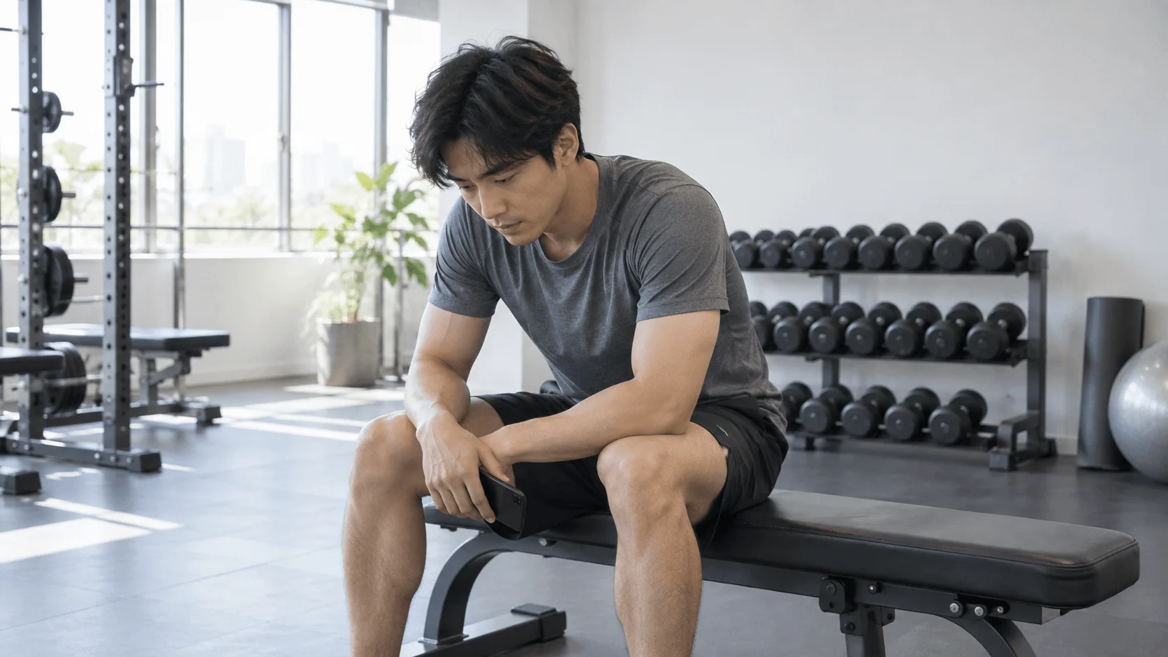 一人で筋トレを続けられずジムのベンチに座り込む男性
