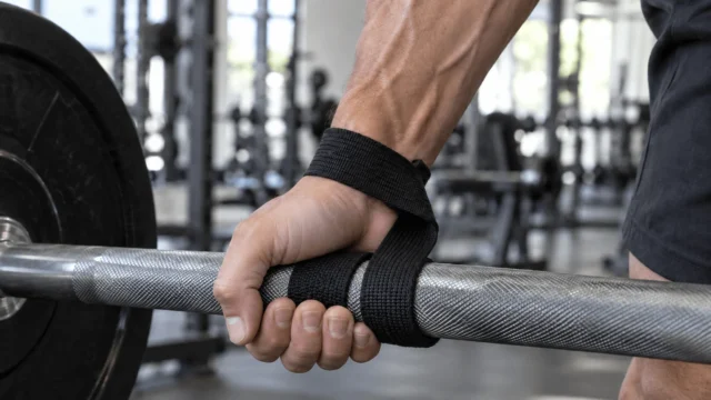 リストストラップを巻いてバーベルを握るトレーニング中の手元